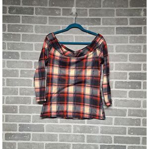 Dressfo Womens Plaid 3/4 Sleeve‎ Off The Shoulder Top Blouse Size XL